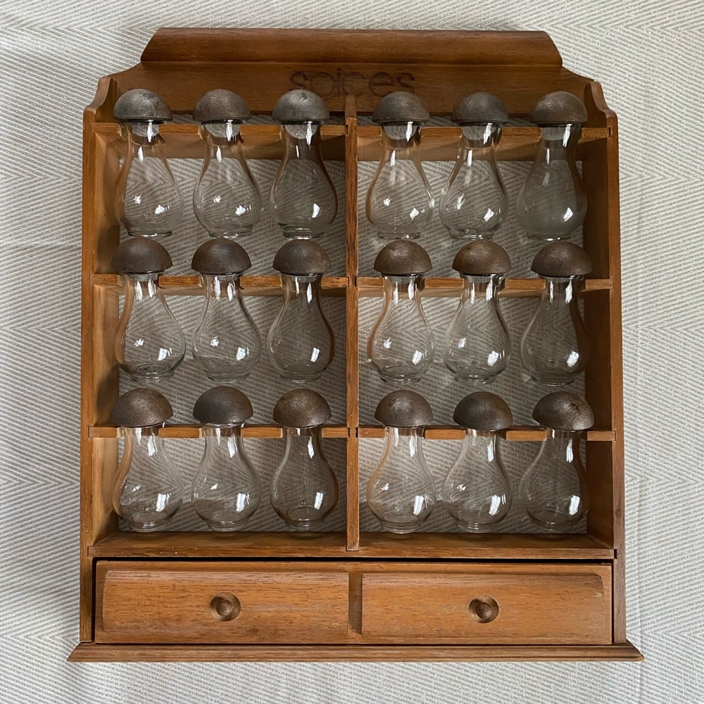 XL Vintage MCM Wood Spice Rack w/ 18 mushroom cap hanging tear drop glass jars